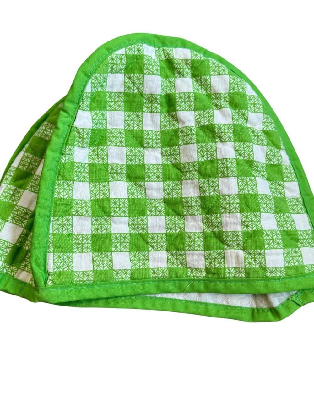 Vintage 1977 Half Apron And Appliance Cover Green White Gingham Apples Quilted